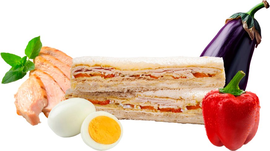 Sándwich Pollo, Berenjena, Morrón y Huevo
