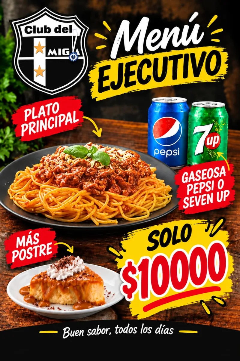 Promo Tallarines con salsa boloñesa + lata de gaseosa (Pepsi o Seven Up) + postre